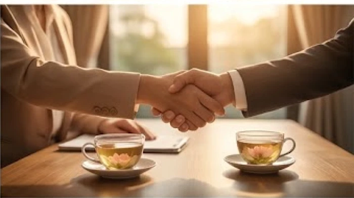 Hai người đang bắt tay hợp tác bên cạnh tách trà ấm trong không gian văn phòng thanh lịch