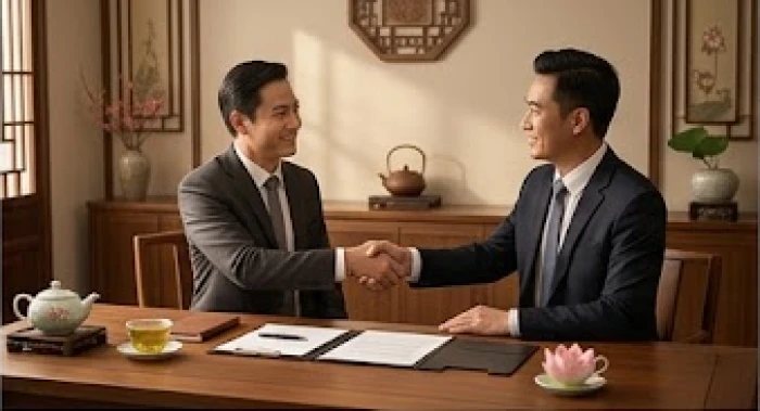 Hai doanh nhân đang bắt tay thân thiện qua bàn làm việc bằng gỗ trong không gian văn phòng thanh lịch