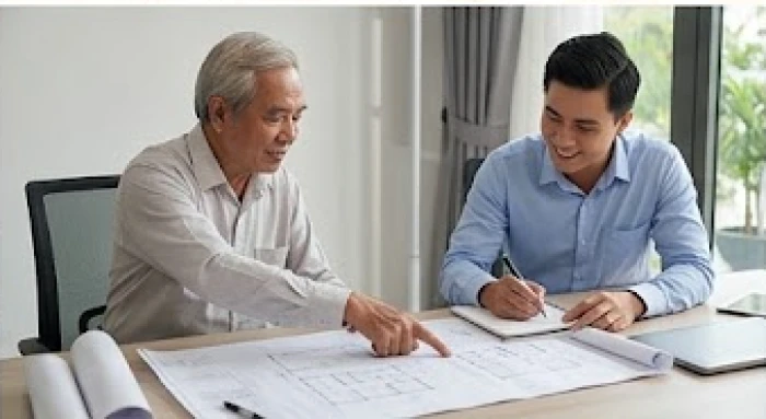 Bậc cao niên đưa ra lời khuyên định hướng trong khi người trẻ đang ghi chép cẩn thận các chiến lược