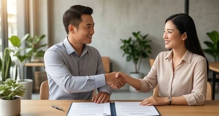 Hai đối tác kinh doanh bắt tay hợp tác làm ăn trong không gian văn phòng chuyên nghiệp