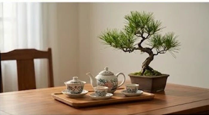 Bộ ấm chén gốm sứ tinh tế đặt cạnh chậu cây tùng nhỏ nhắn trên bàn làm việc tượng trưng cho sự hợp tác bền vững