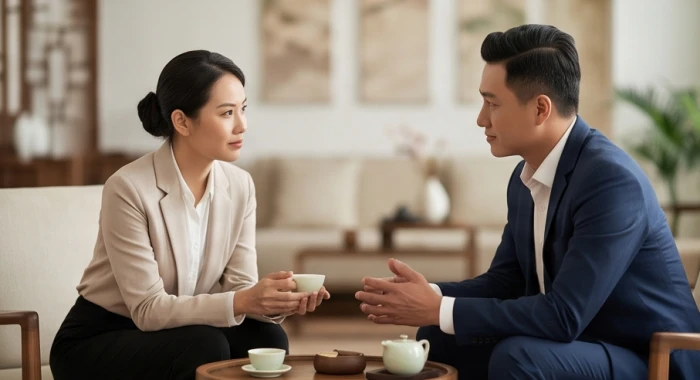 Buổi trao đổi công việc trong không gian mở giữa hai người có bản mệnh phong thủy tương sinh