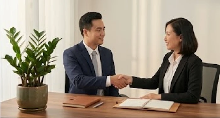 Hai người đang bắt tay hợp tác bên bàn làm việc bằng gỗ tự nhiên có đặt chậu cây kim tiền xanh tốt