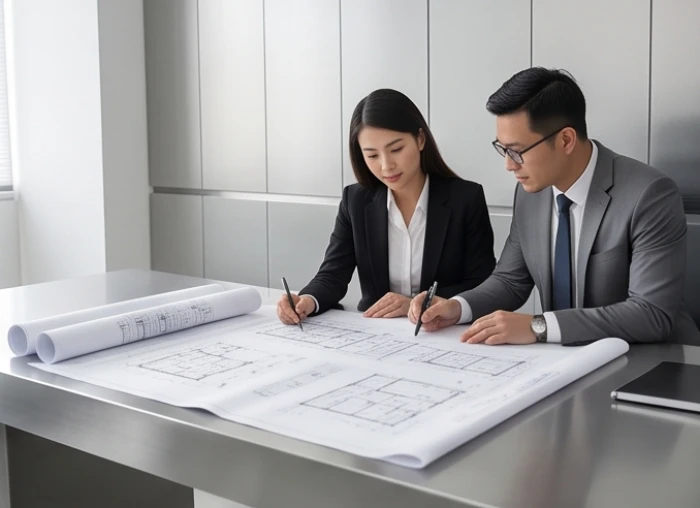 Hai đối tác đang thảo luận công việc trong không gian văn phòng mang tông màu trắng và xám của mệnh Kim
