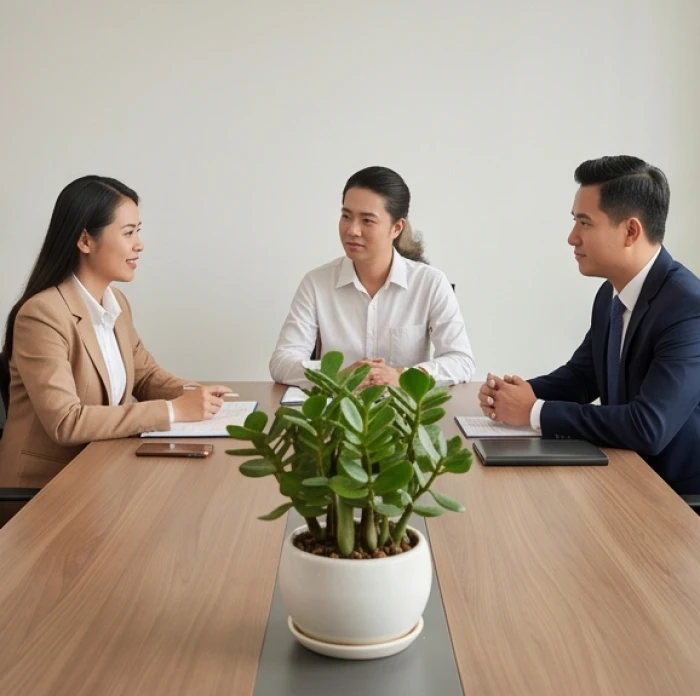 Ba đối tác kinh doanh đang trao đổi công việc bên bàn làm việc có đặt cây kim tiền xanh mát