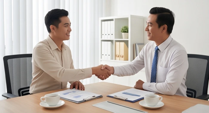 Hai doanh nhân thảo luận hợp đồng thương mại thể hiện sự đồng thuận của nhóm tuổi hợp làm ăn với Ất Mão 1975