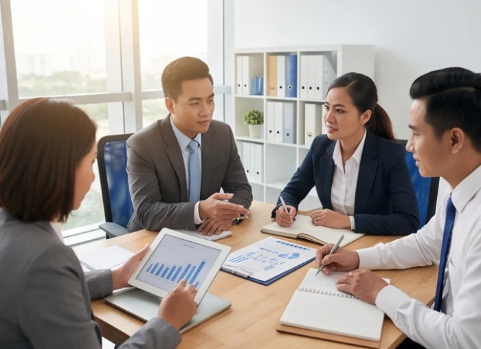 Nhóm đồng sáng lập thảo luận chiến lược kinh doanh và phân tích biểu đồ tài chính trong văn phòng hiện đại