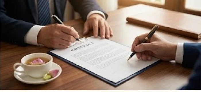 Bản hợp đồng kinh doanh được ký kết rõ ràng cùng với tách trà sen trên bàn làm việc sang trọng