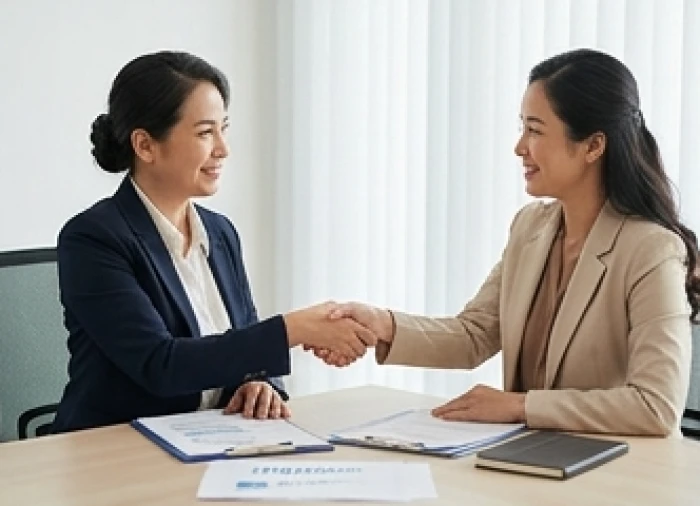 Hai người phụ nữ đang bắt tay vui vẻ sau khi thống nhất các điều khoản hợp tác kinh doanh trên bàn làm việc