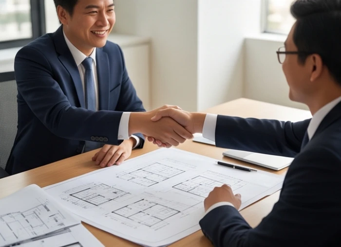 Hai cộng sự đang mỉm cười bắt tay thỏa thuận hợp tác dự án tại văn phòng tràn ngập ánh nắng ban mai rực rỡ