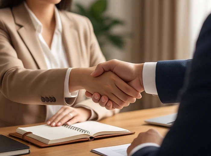 Hai doanh nhân đang mỉm cười bắt tay nhau qua chiếc bàn làm việc trang nhã