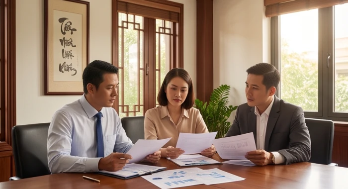 Ba người doanh nhân đang thảo luận dự án tượng trưng cho bộ tam hợp dần ngọ tuất trong phong thủy