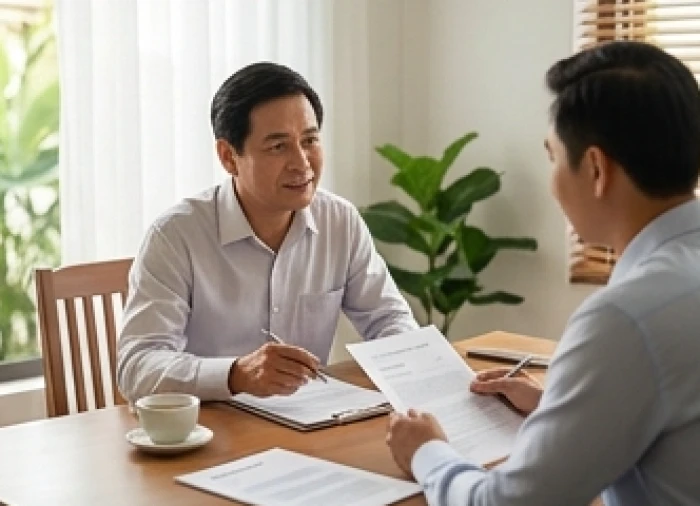 Cuộc trò chuyện thảo luận kinh doanh nhẹ nhàng bên bàn trà minh họa sự kết hợp ăn ý với đối tác mang mệnh Hỏa tương sinh