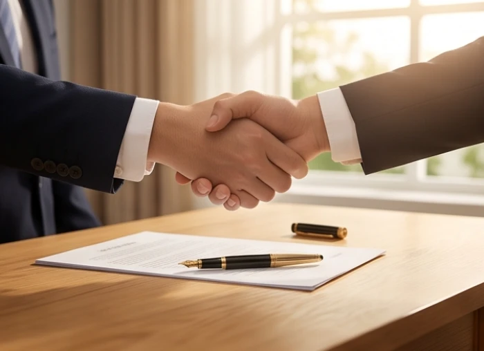 Hai doanh nhân bắt tay nhau trên bàn làm việc bằng gỗ sồi thể hiện sự đồng thuận trong hợp tác kinh doanh