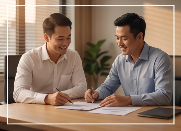 Hai người đàn ông thảo luận công việc ăn ý đại diện cho sự hợp tác kinh doanh thuận lợi của nam mạng Giáp Thân