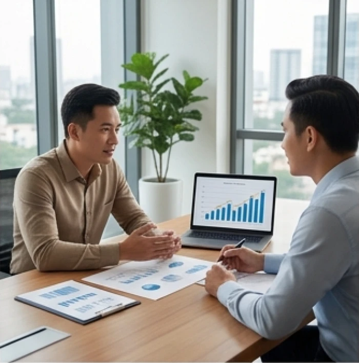 Hai đối tác nam giới trao đổi chiến lược kinh doanh trong văn phòng hiện đại thể hiện hợp tác cùng tuổi tam hợp