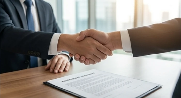 Hai đối tác kinh doanh bắt tay hợp tác ký kết thỏa thuận đầu tư chiến lược trong văn phòng chuyên nghiệp