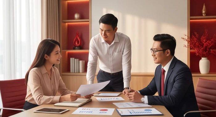 Cuộc họp ba người tại văn phòng với đối tác mệnh Hỏa làm cầu nối trung hòa mâu thuẫn công việc