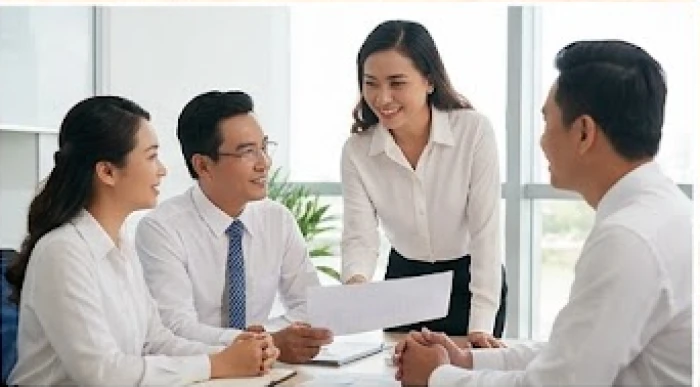 Nhóm người đang thảo luận công việc vui vẻ bên bản kế hoạch tại một văn phòng làm việc hiện đại