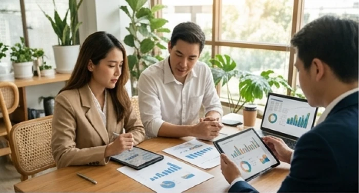 Nhóm đối tác thảo luận kế hoạch kinh doanh thể hiện sự tương hợp giữa người tuổi tý và các tuổi sửu thân thìn