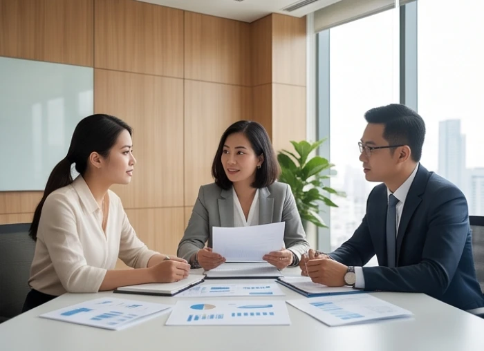Nhóm đối tác Tam hợp Tỵ Dậu Sửu đang thảo luận chi tiết phân chia công việc trong buổi họp chiến lược