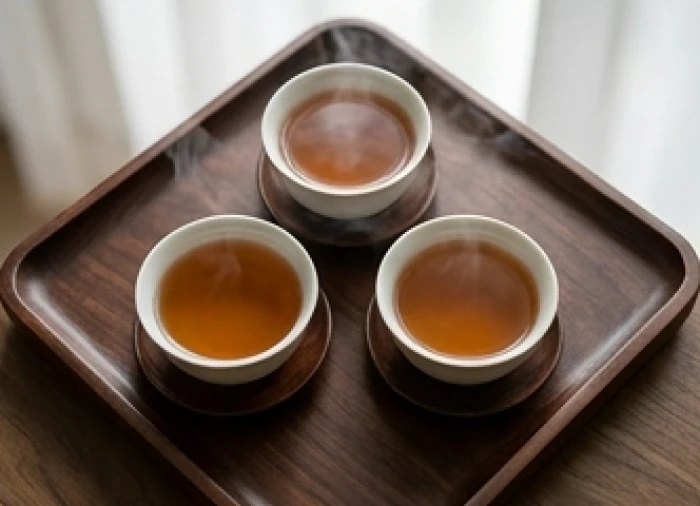 Ba tách trà đạo xếp thành hình tam giác đều trên khay gỗ đại diện cho sự gắn kết vững chắc