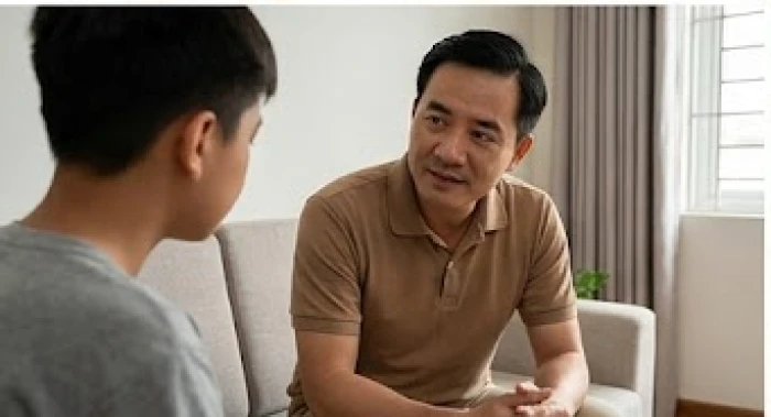 Người cha ngồi ngang tầm mắt để lắng nghe những suy nghĩ và mong muốn của con một cách chân thành