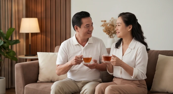Vợ chồng trò chuyện chân thành và thấu hiểu nhau trong không gian phòng khách ấm cúng của gia đình