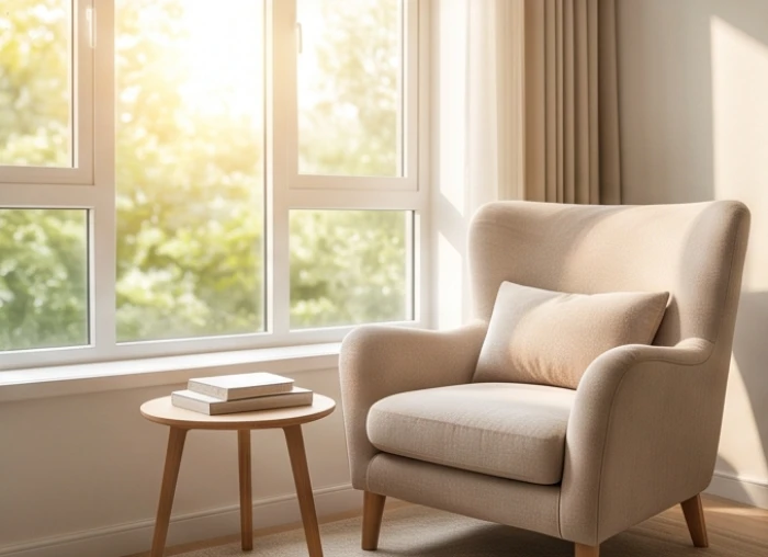 Góc đọc sách ngập tràn ánh sáng tự nhiên đại diện cho năng lượng sinh khí