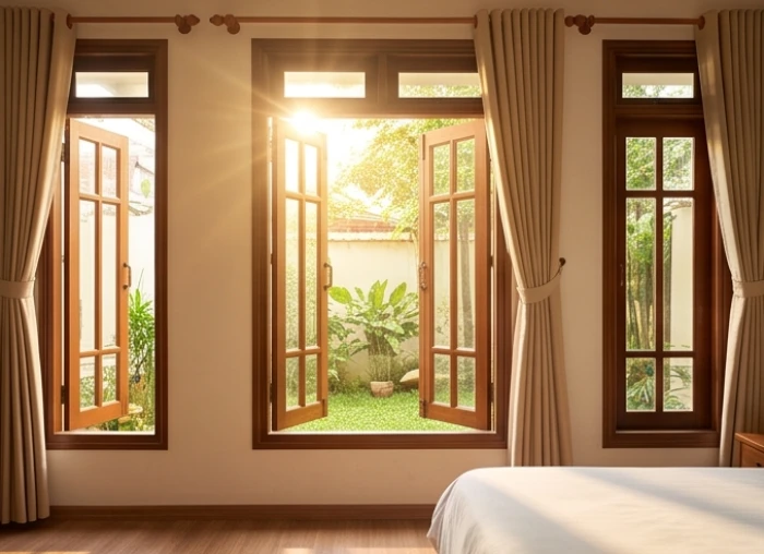 Cửa sổ phòng ngủ mở rộng đón ánh nắng sớm và luồng không khí trong lành vào buổi sáng mùa xuân
