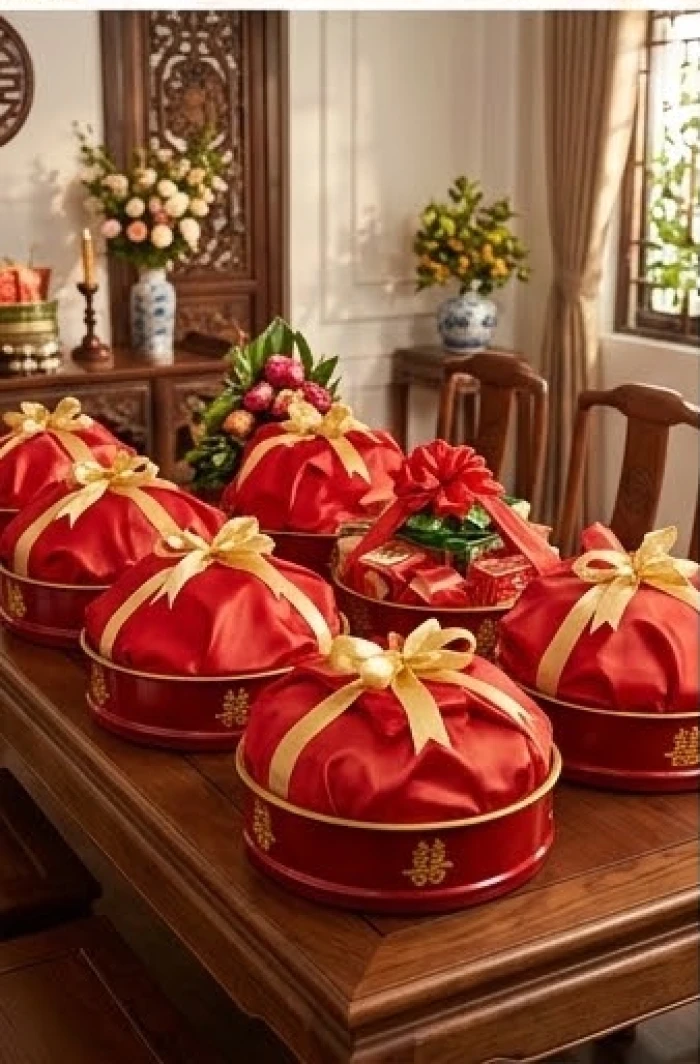 Mâm quả cưới hỏi được chuẩn bị chu đáo để thực hiện nghi thức hóa giải hạn Kim Lâu trong năm không hợp
