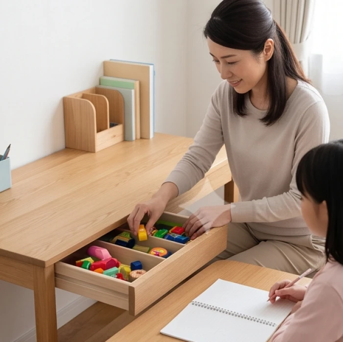 Người mẹ đang giúp con cất gọn các món đồ chơi nhiều màu sắc vào ngăn kéo bàn học để giảm xao nhãng