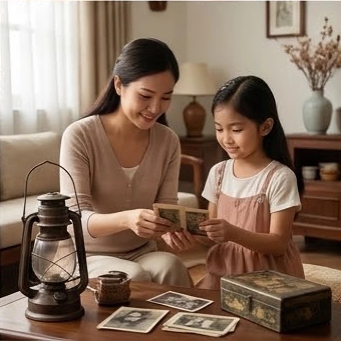 Hai mẹ con đang nhẹ nhàng phân loại lại những món đồ dùng cũ kỹ trong một góc phòng khách