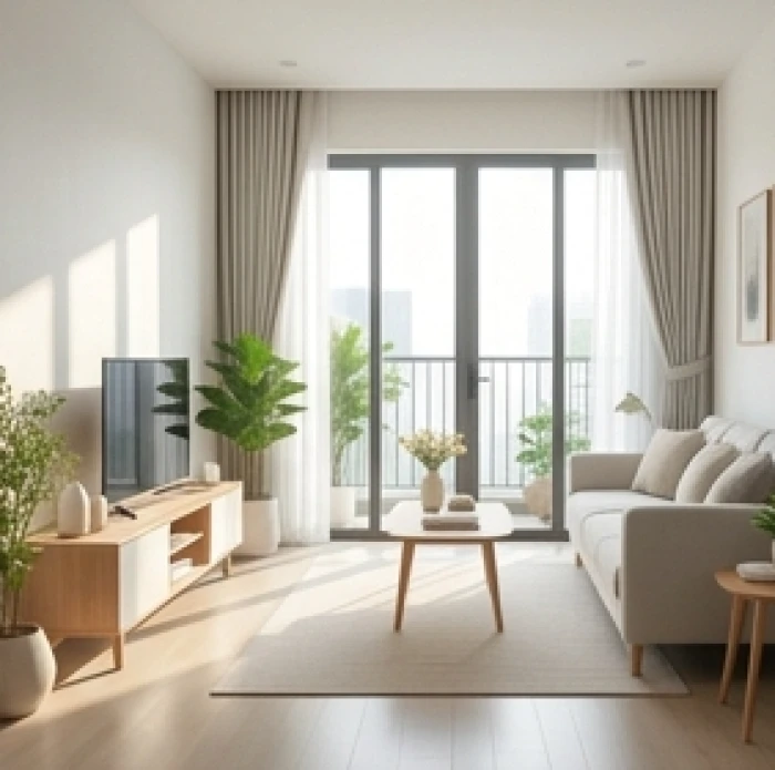 Không gian phòng khách sáng sủa và ngăn nắp sau khi được dọn dẹp sạch sẽ để đón năng lượng mới