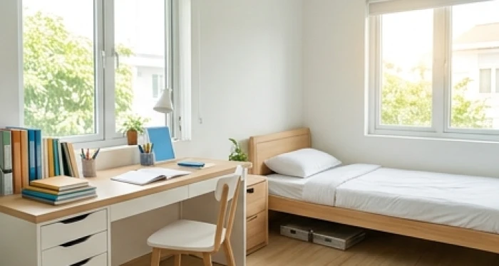Nam sinh chỉnh đốn bàn học gọn gàng và giữ phòng ngủ thông thoáng giúp giảm thiểu năng lượng tiêu cực