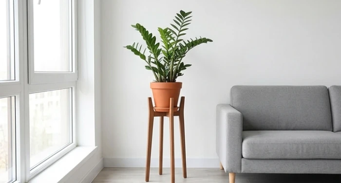 Chậu cây Kim Tiền đặt an toàn trên đôn gỗ trang trí cao ráo ngoài tầm với của thú cưng trong phòng khách