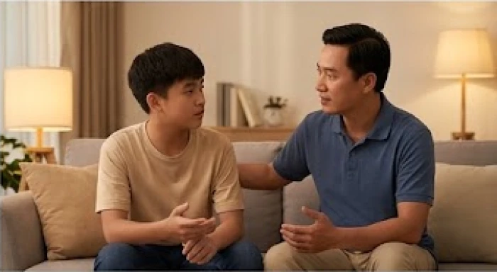 Người cha lắng nghe và chia sẻ cùng con trai trong buổi tối ôn thi chuyển cấp căng thẳng