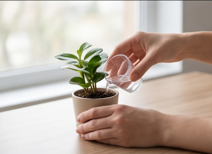 Một chiếc cốc nhỏ chứa một lượng nước vừa đủ đang được dùng để tưới cẩn thận vào sát phần gốc của chậu cây mini trên bàn