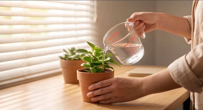 Bàn tay nhẹ nhàng dùng chiếc cốc đong nhỏ giọt để tưới một lượng nước vừa đủ cho chậu cây cảnh trên bàn