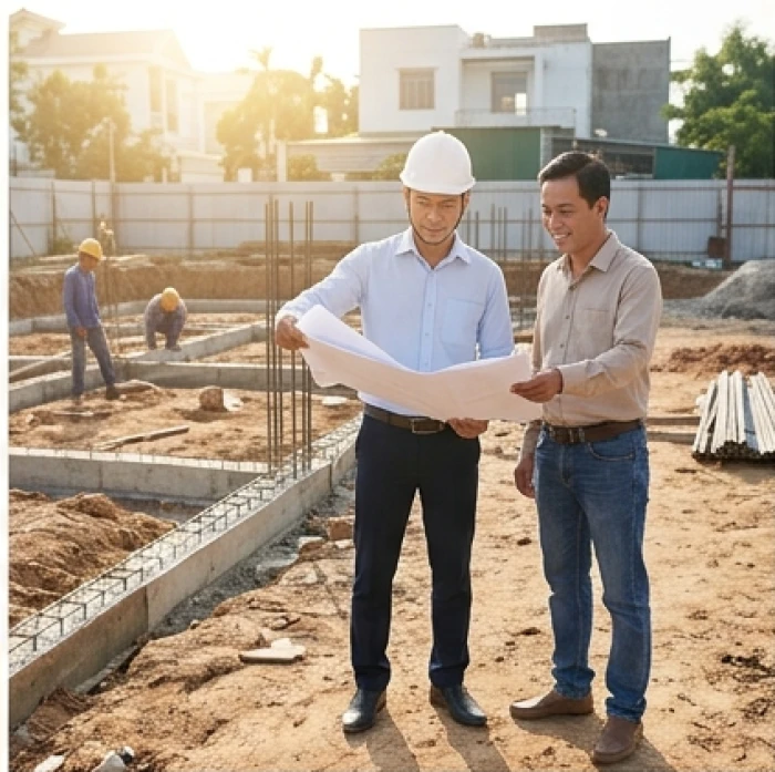 Gia chủ tuổi Mậu Thìn cùng kiến trúc sư khảo sát bản vẽ thi công trên khu đất nền chuẩn bị động thổ xây nhà