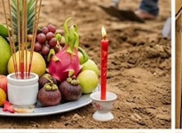 Mâm cúng động thổ với đầy đủ trái cây tươi và hương đăng được chuẩn bị chu đáo trên bãi đất trống