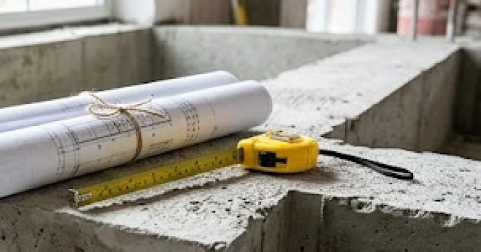 Cuộn bản vẽ thiết kế nhà và thước đo kỹ thuật đặt trên nền gạch chuẩn bị khởi công xây dựng