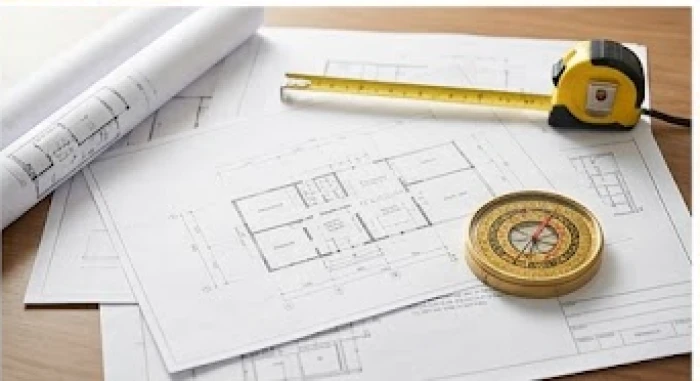 Bản vẽ thiết kế nhà ở trải phẳng trên bàn cùng với thước cuộn và la bàn định vị phương hướng phong thủy