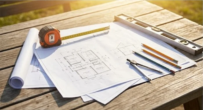 Bản vẽ thiết kế và dụng cụ đo đạc chuẩn bị cho lễ động thổ xây nhà mới
