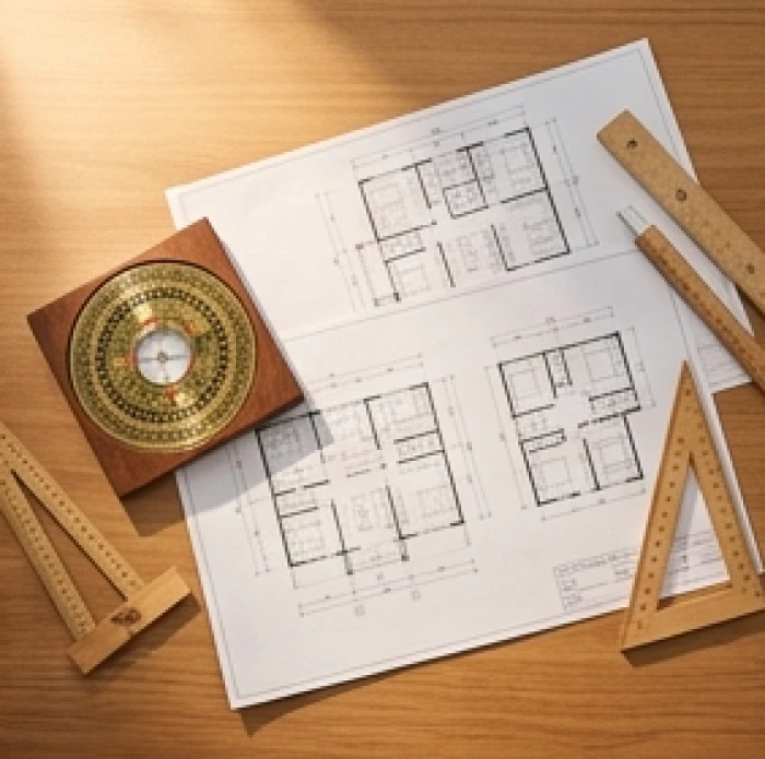 Bản vẽ kiến trúc biệt thự và la bàn phong thủy đặt trên mặt bàn gỗ của gia chủ chuẩn bị xây nhà