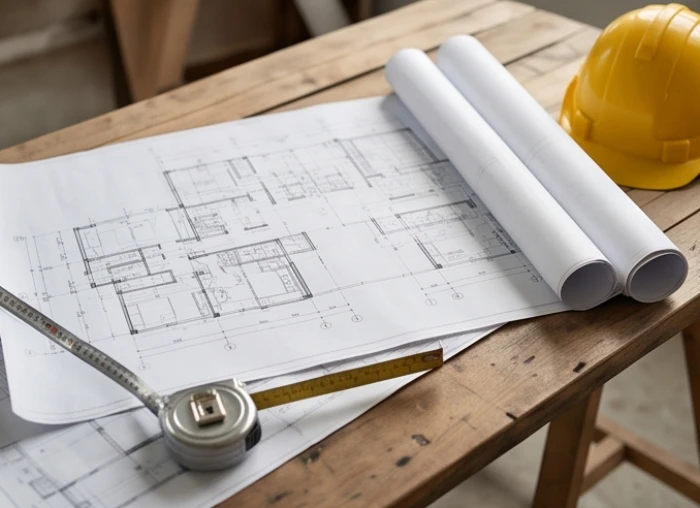 Gia chủ kiểm tra bản vẽ thiết kế nhà mới trước khi tiến hành lễ động thổ vào những năm vượng khí không phạm Tam Tai