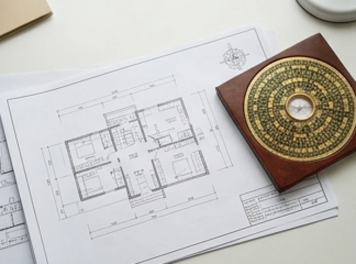 Bản vẽ thiết kế nhà ở được trải trên bàn cùng với thước đo và la bàn phong thủy