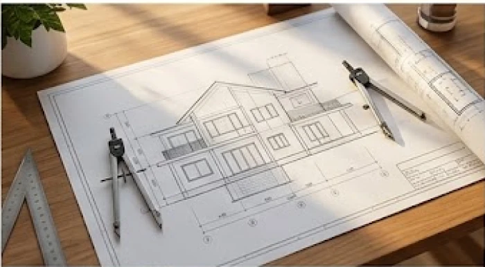 Bản vẽ thiết kế kiến trúc nhà ở được trải rộng trên mặt bàn cùng các dụng cụ thước đo