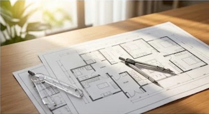 Bản phác thảo sơ đồ mặt bằng ngôi nhà với các hướng la bàn được đánh dấu chi tiết trên bàn làm việc.