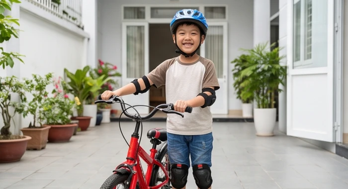 Bé trai đội mũ bảo hiểm và đeo đệm bảo vệ đầu gối trước khi vui chơi xe đạp ngoài sân nhà